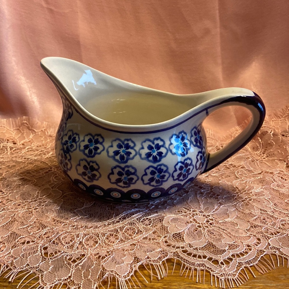 Boleslawiec floral and scalloped dot cream, cobalt and light blue small pitcher